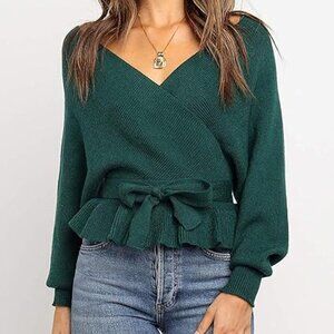 ZESICA Wrap V Neck Long Batwing Sleeve Belted Waist Ruffle Knitted Sweater